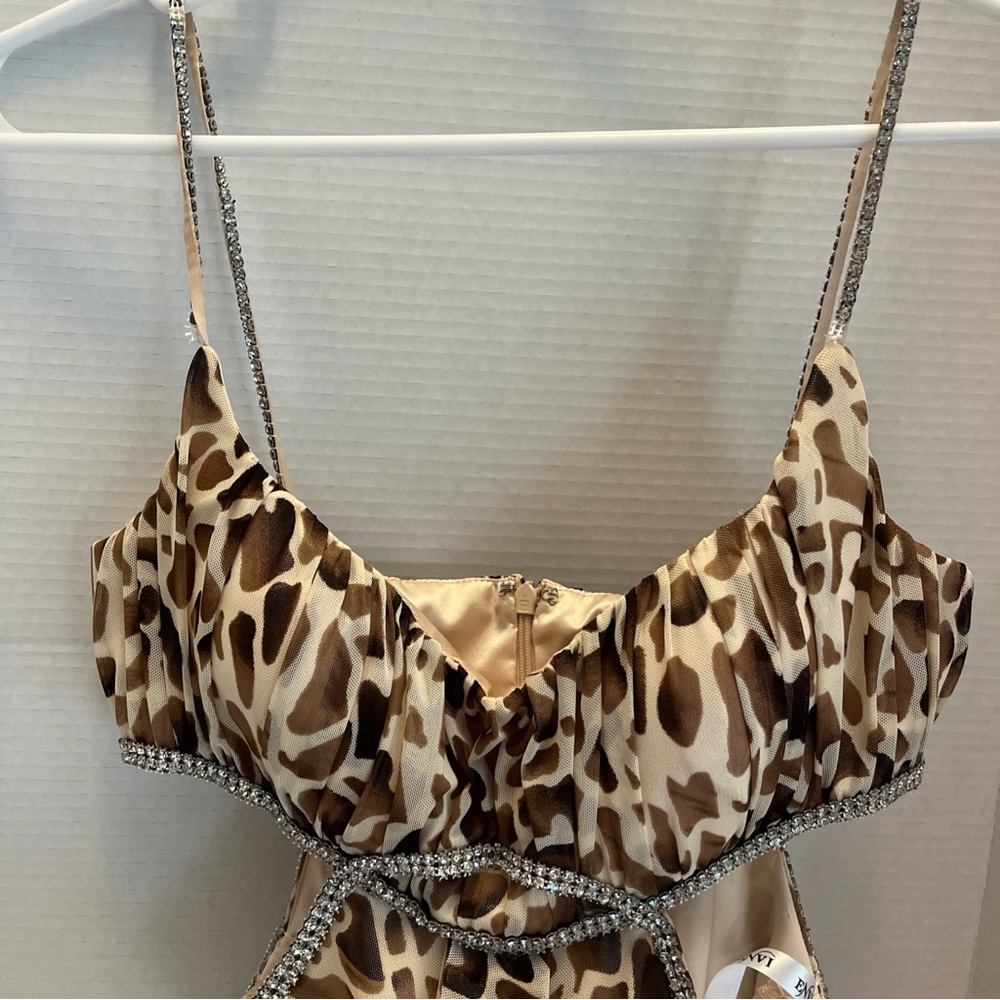 Brown Satin Chemise with Animal Print and Ruffled Neckline